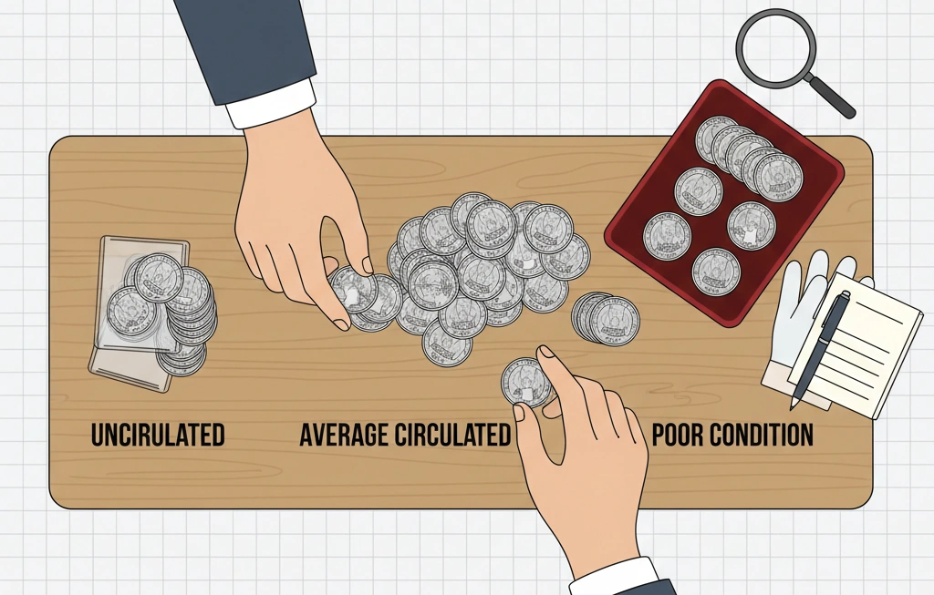 A collector sorting 1989 D quarters by condition on a desk