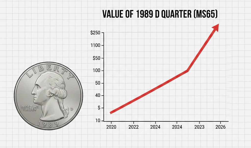 A price chart rising next to a 1989 D quarter