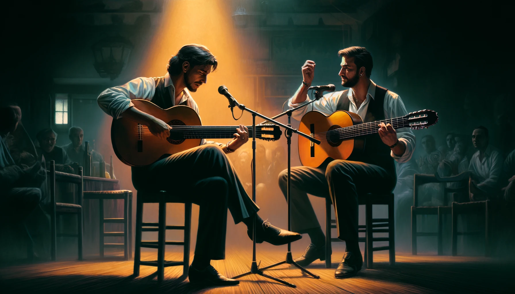 Two male musicians are on stage performing traditional flamenco musi