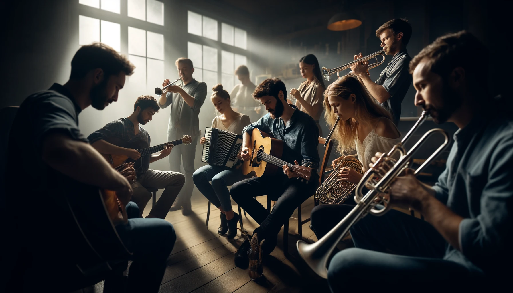 A shot of a group of musical performers playing together indoors