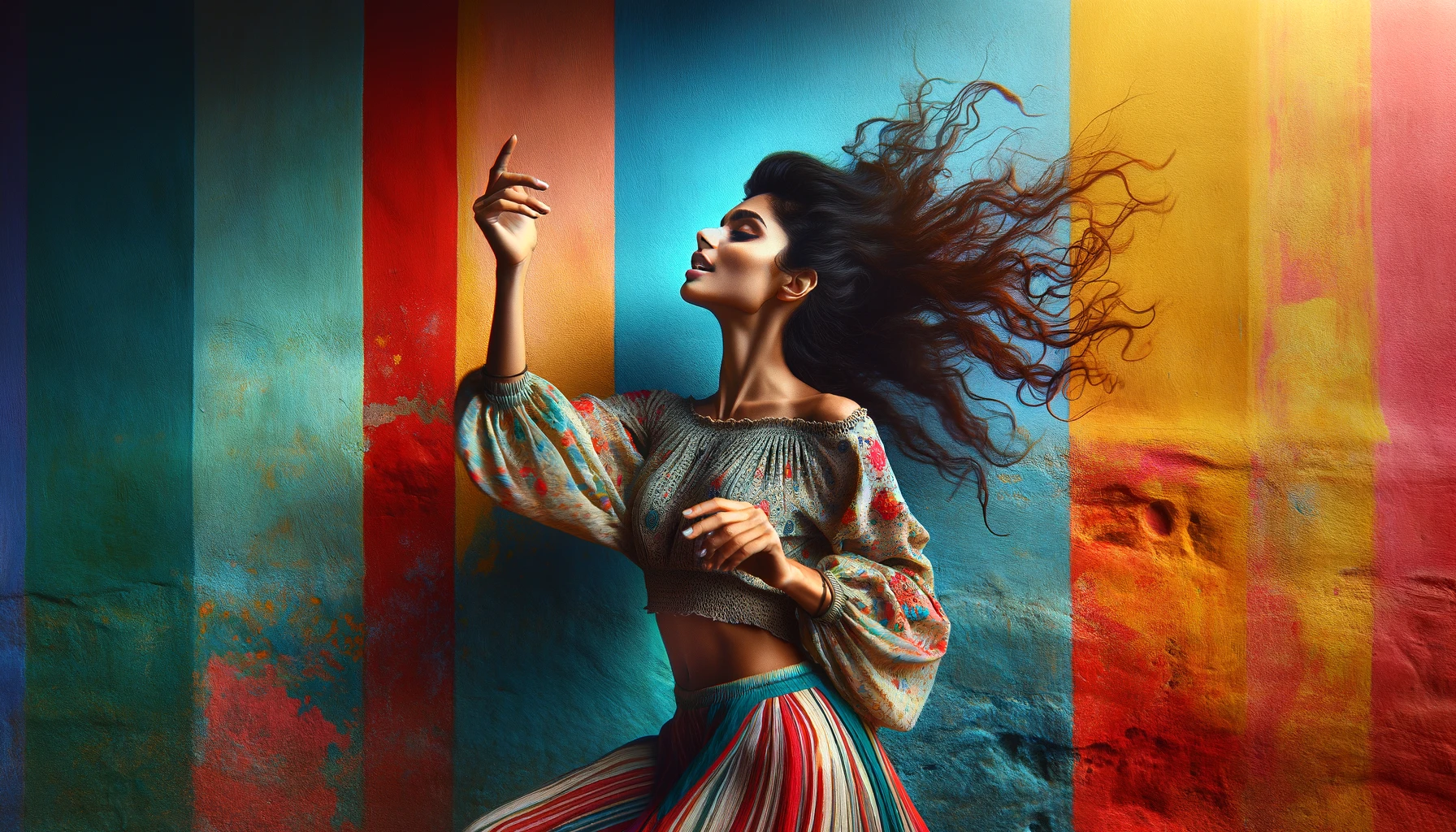 A beautiful woman is captured in the midst of dancing to the music, set against a brightly coloured wall