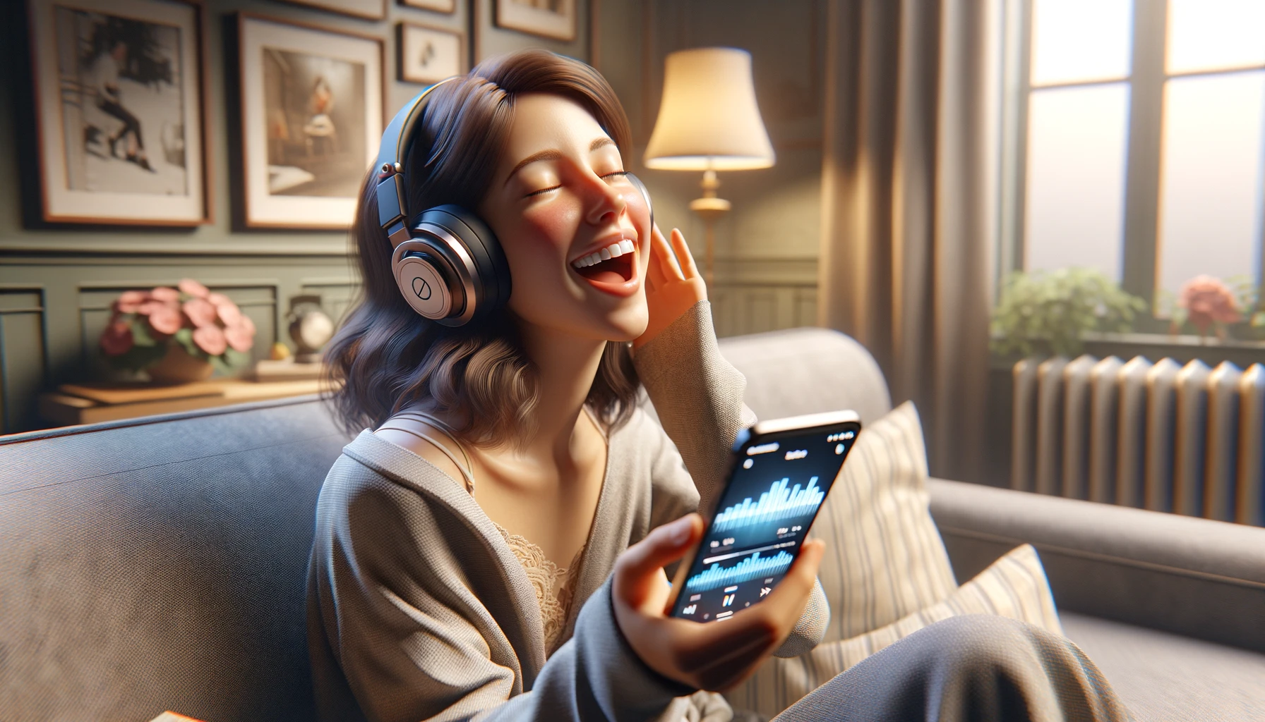 An excited young woman is depicted listening to music on wireless headphones connected to a mobile app, while sitting on a comfortable sofa