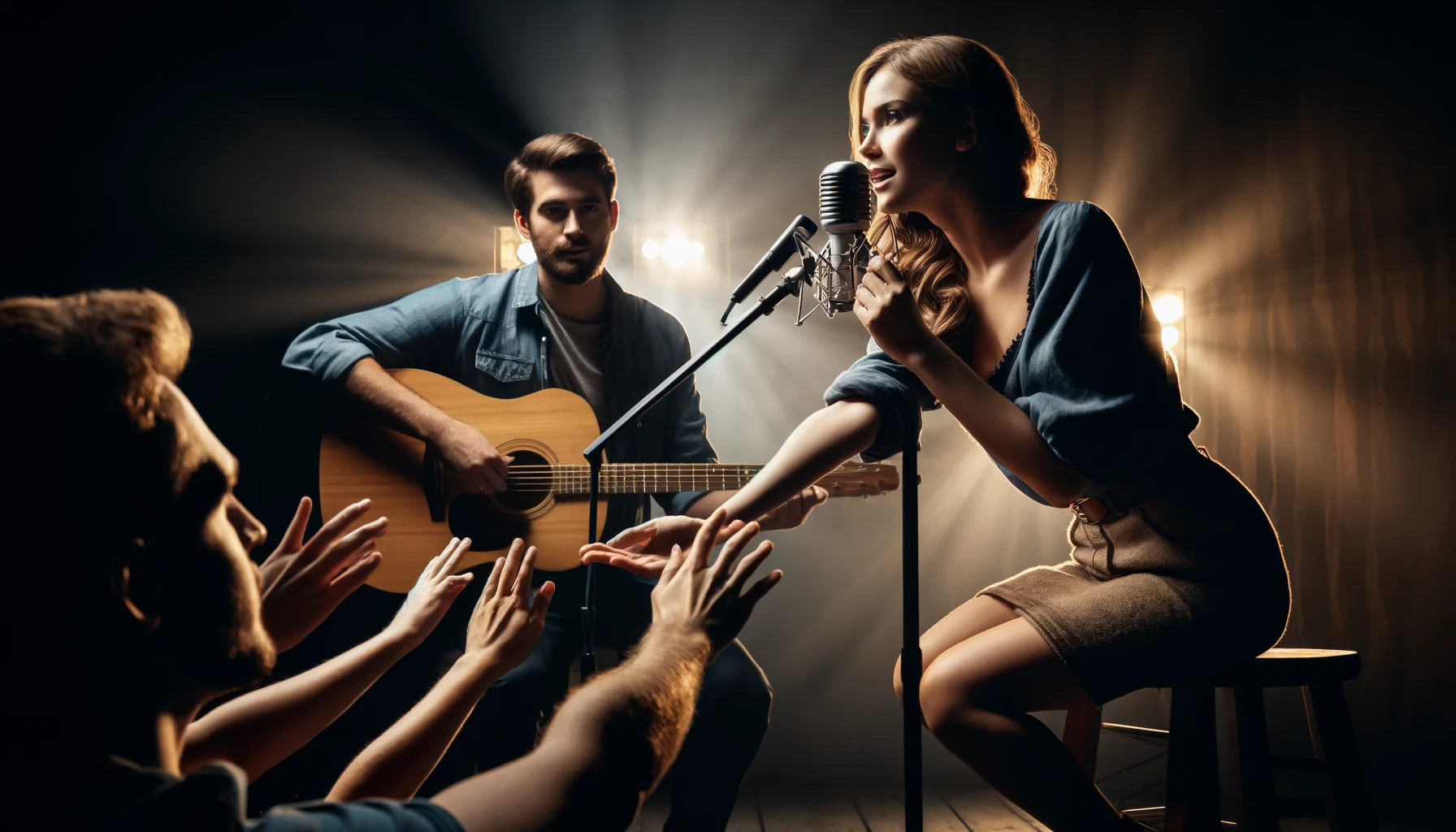 A female singer is interacting with the crowd, while a man plays an acoustic guitar