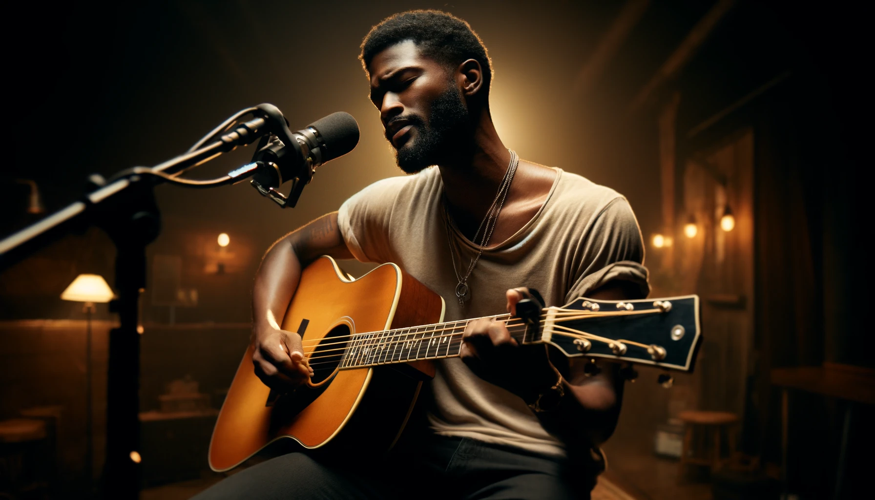 A black male guitarist is captured singing and playing an acoustic guitar on stage