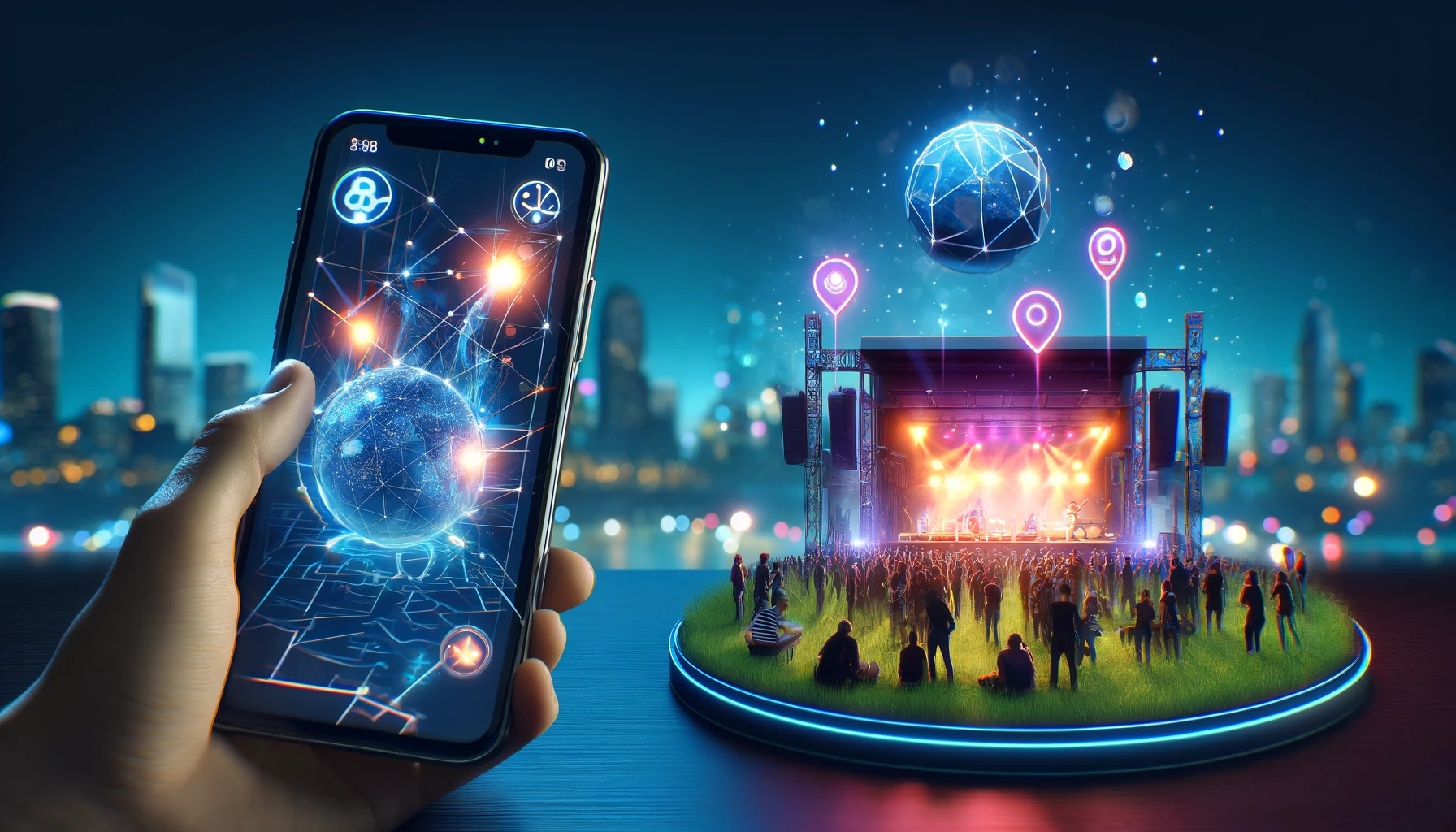 a smartphone displaying a live music discovery app on its screen, with a map pinpointing various live music events around a city. The background is a small representation of the live music scene. 