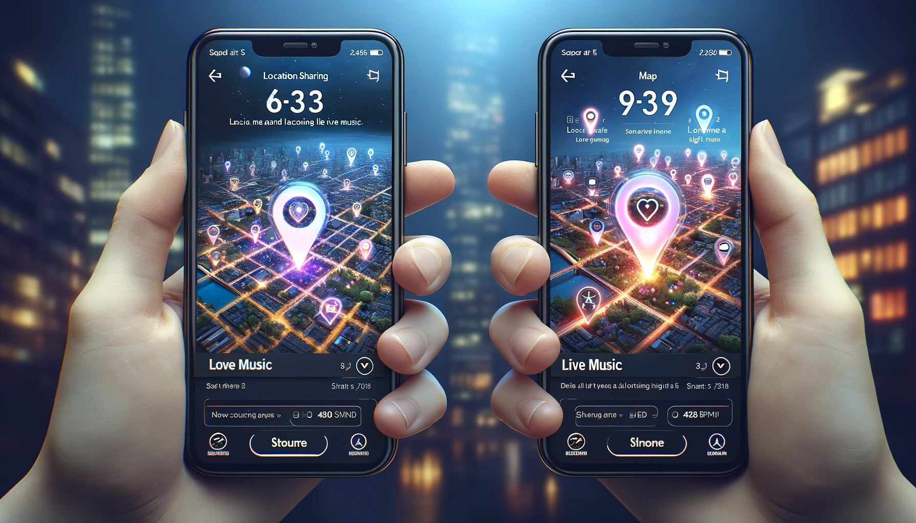 two people holding their smartphones with location apps that show music shows near them.