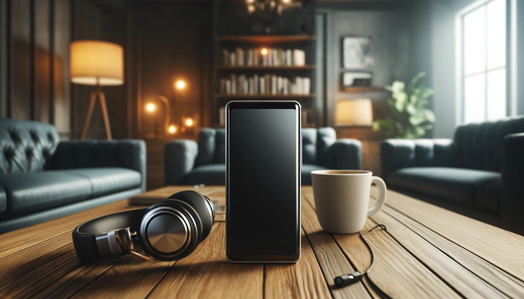 A photorealistic image of a modern smartphone with a black screen placed on a wooden table with a pair of high-quality headphones and a coffee cup nearby.