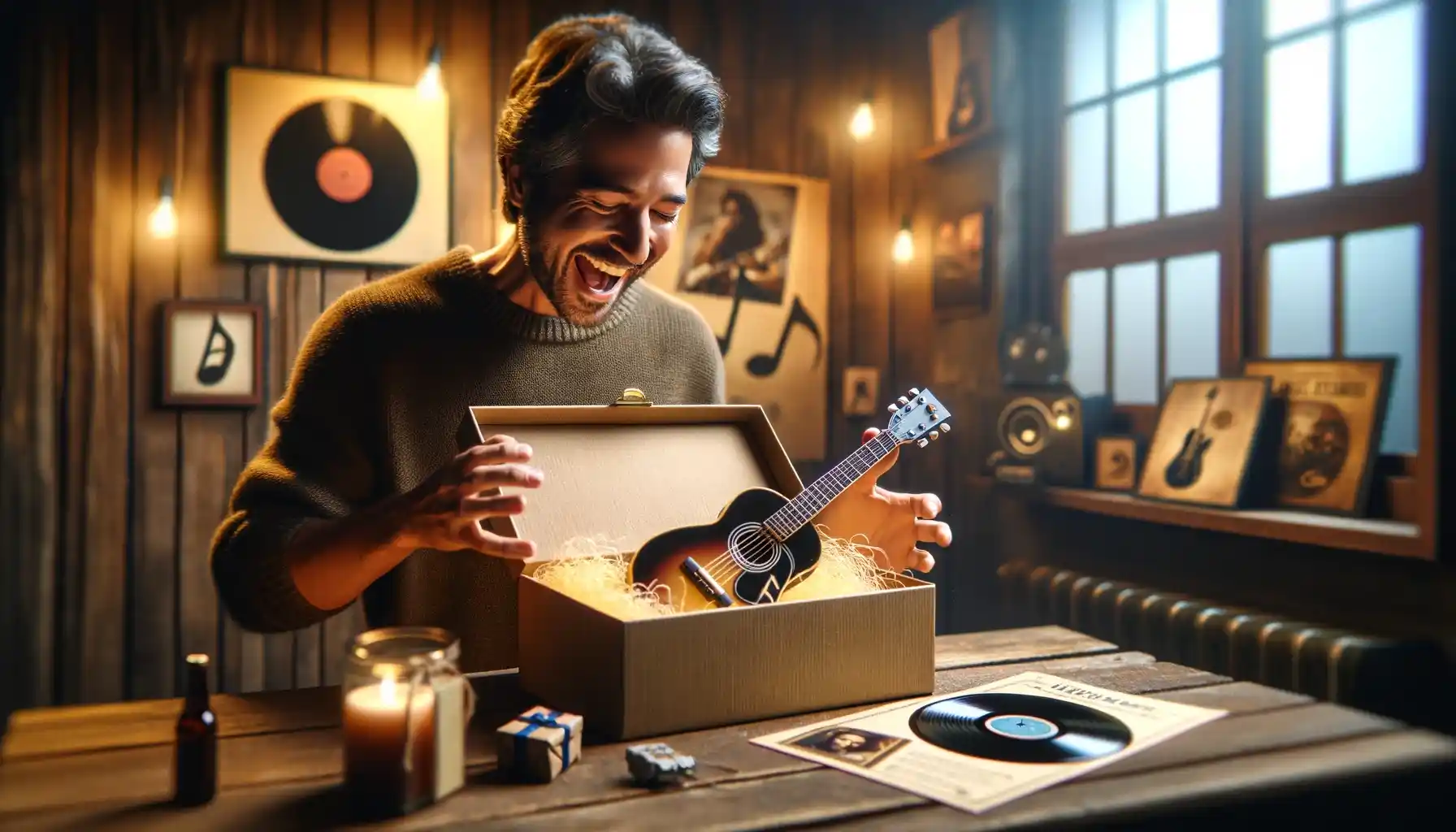 A joyful man opening a gift box containing a miniature guitar and a signed vinyl record. 
