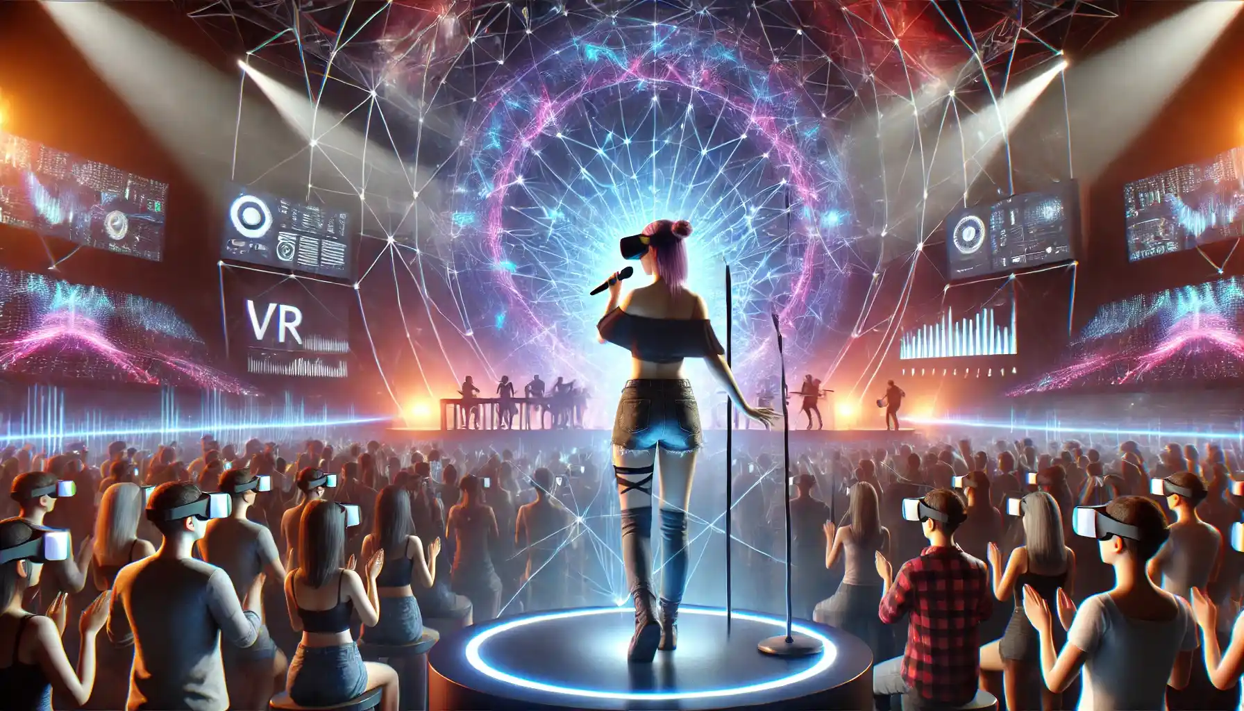 a live virtual reality concert, showing a female artist performing on stage with advanced VR equipment. The stage is set in a futuristic design with dynamic, colorful lighting effects. The audience is wearing VR headsets, deeply engaged in this immersive experience.