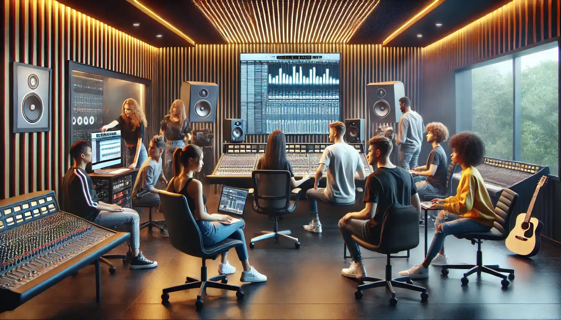 A modern music production studio where a diverse group of young artists collaborate, showcasing a high-tech environment.