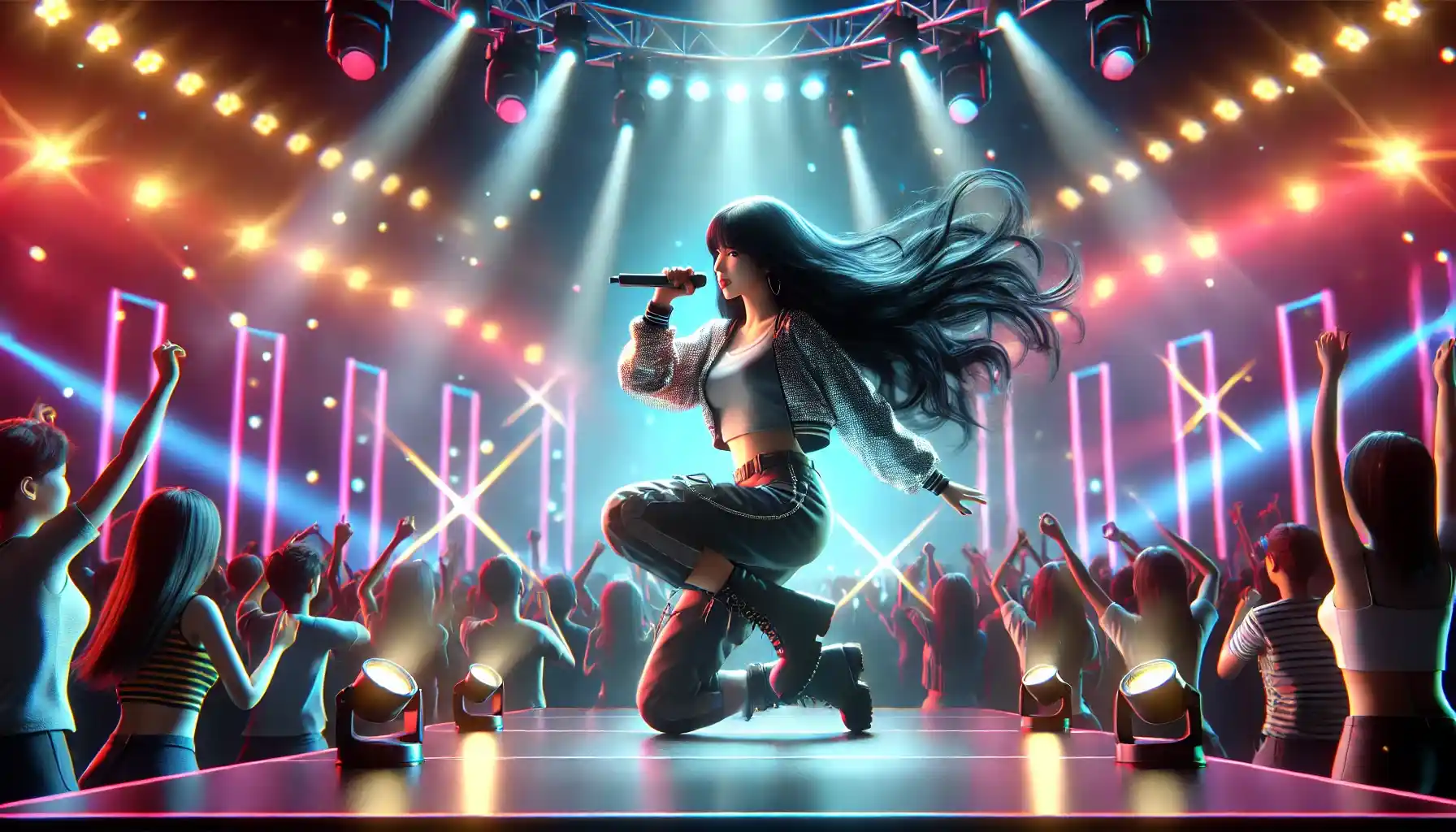 a K-pop singer, a woman with long black hair, performing energetically on a brightly lit stage with colorful lights in the background. 