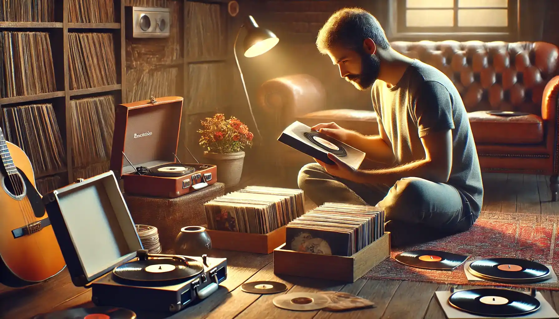 A music lover is sitting in a cozy room, surrounded by vinyl records, CDs, and musical memorabilia, carefully inspecting a rare collectible music item. 