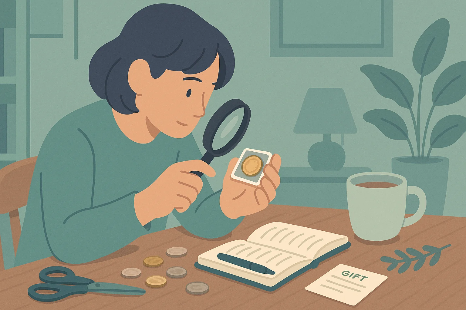 A woman observes a coin under a magnifying glass at home.